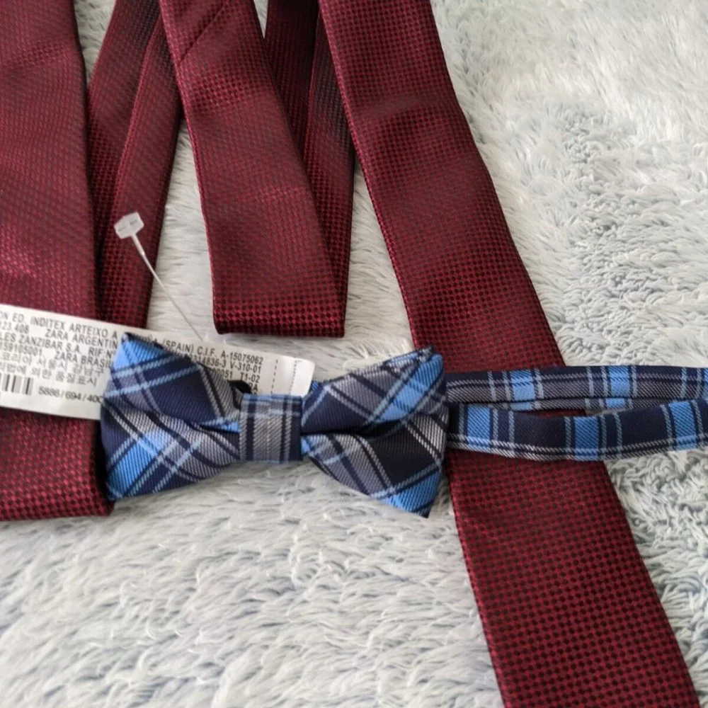 2 Zara Boy Accessories Bundle Dressy Jacquard Slim Red Tie + Plaid Bow Tie NEW